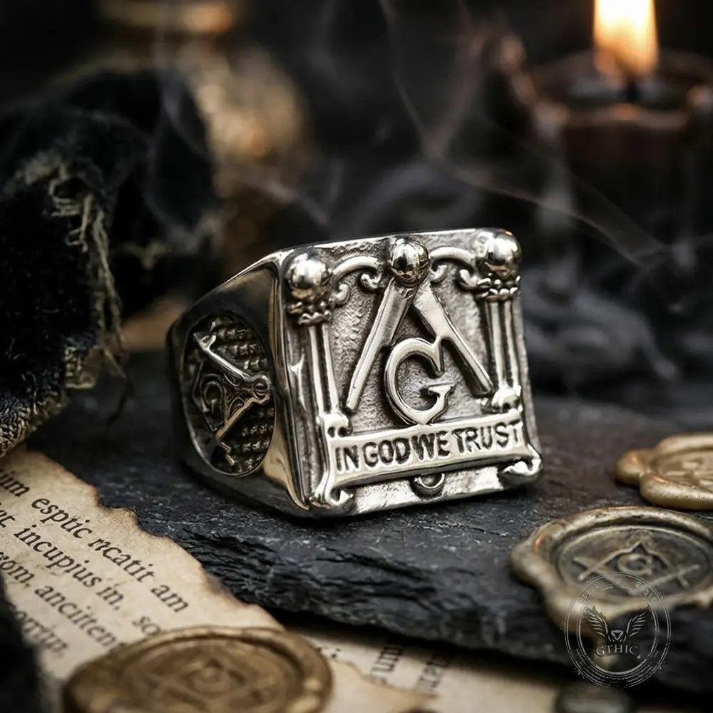 GTHIC Antique Style Signet Ring Crafted from Stainless Steel with Engraved Masonic Motif Bold Retro Wrist Ornament Casual Urban Wear & Club Occasion Styling