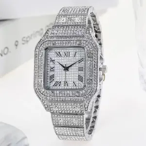 Luxury Minimalist Quartz Watch for Men Iced Out Stainless Steel Business Casual Wristwatch with Alloy Rhinestone for Party or Daily Bling