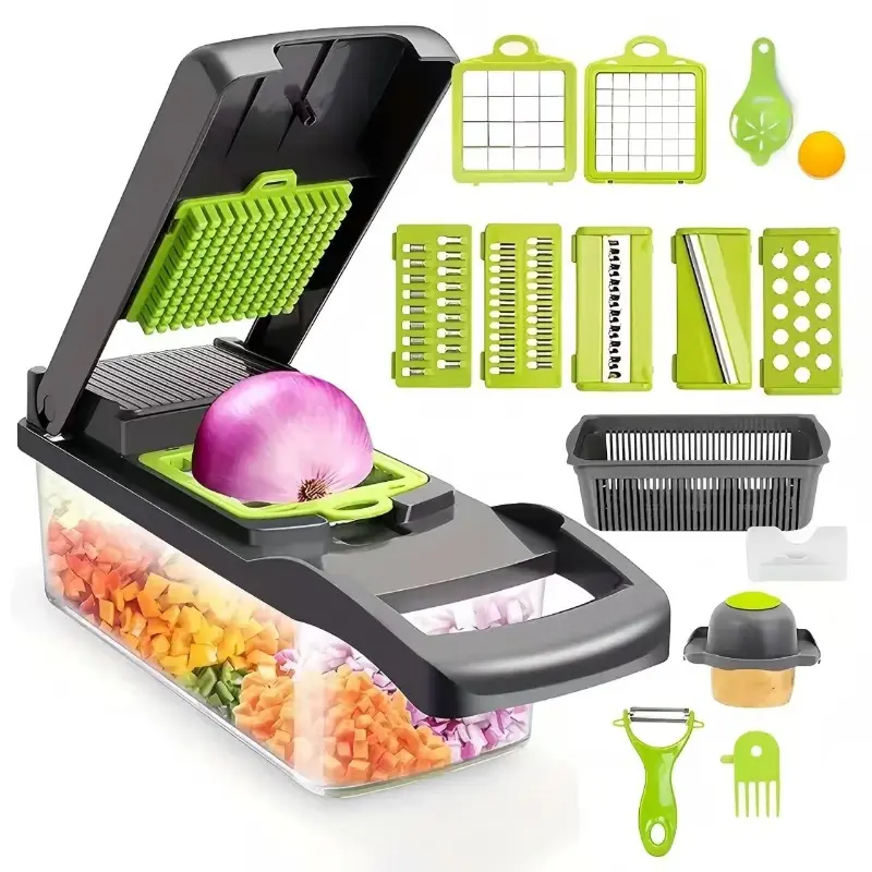 Multifunctional 16-In-1 Food Chopper, Kitchen Gadgets, Vegetable Chopper, Onion Chopper, Vegetable Slicer, Dice Chopper, Container with Salad Potato Carrot Garlic, with Drain Basket