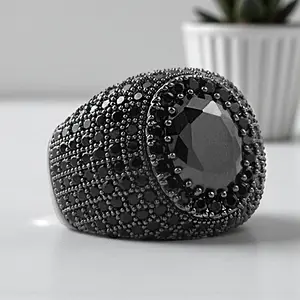 MaxBling81 Men's Iced Black Hematite Pinky Ring - Polished Black Gemstone, Cubic Zirconia Bling, Geometric Cut, High-Quality Brass Base, Casual Hip Hop Luxury Men's Jewelry, Adults' Accessories, Sizes 8-12, Accessories Adults