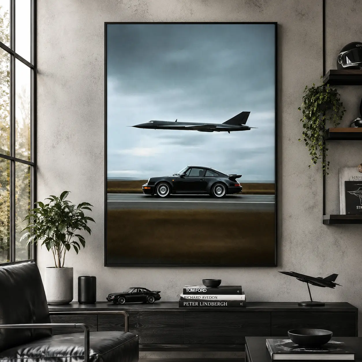 Retro Porsche 911 & Jet Plane Automotive-Aviation Wall Art Poster, Cool Unframed Canvas Print, Home Decor for Man Cave, Room