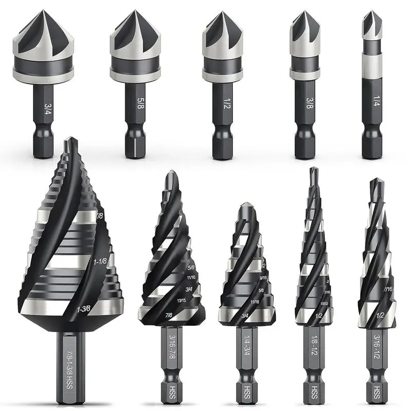 10-Piece Power Drill Bits Set, High Speed Steel Step & Countersink Bits with Straight Shank and Nitrided Coating for Metal, Wood, Plastic