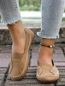 Spring Summer Lightweight Soft Leather Slip-On Shoes, Casual Flat Shoes, Handmade Stitching Design, Breathable, Perfect for Daily Wear