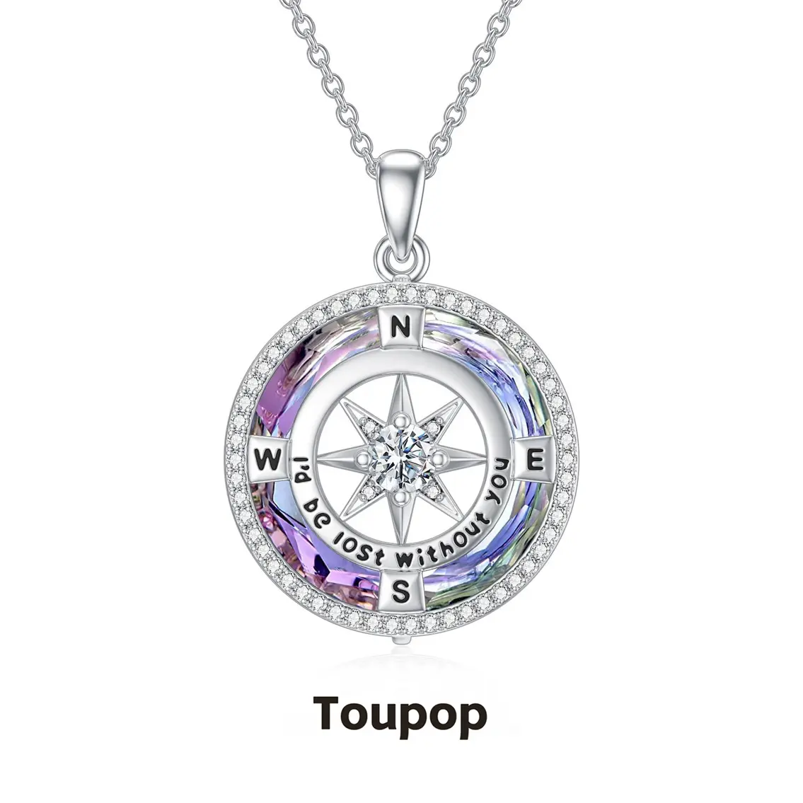 TOUPOP Elegant Engraved "I'd be Lost without You" Compass Charm Necklace for Women - 925 Sterling Silver, Created Crystal, Trendy Style Jewelry, All Occasions Gift for Her a0 b0, Charm Necklaces, Engraved Necklace
