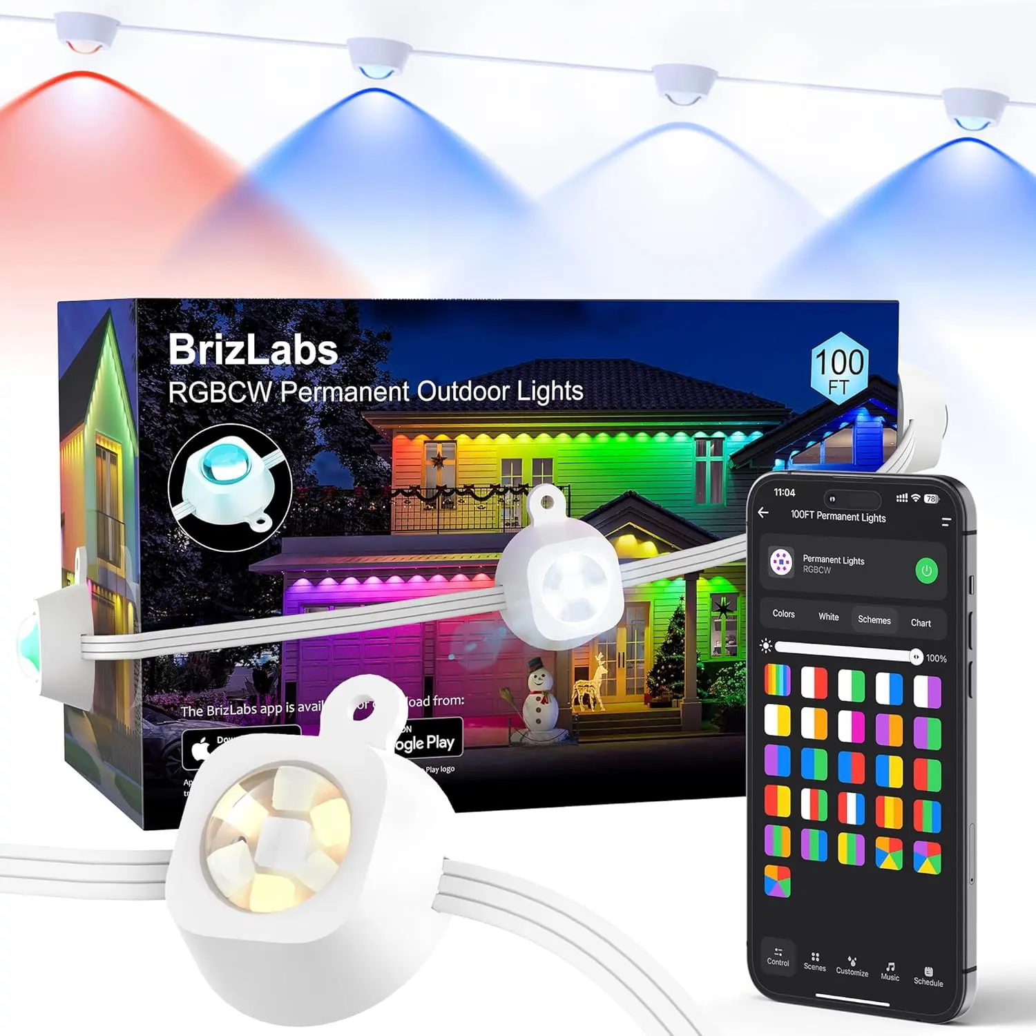 BrizLabs Signature Permanent Outdoor Lights, 100ft 60 LED RGBCW Smart July 4th House Lights, 200+ Custom Scene-Color Effect, Waterproof Eave Light for Xmas, Halloween, Alexa, Google Assistant Enabled