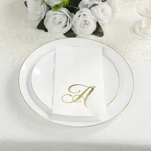 100 Paper Dinner Napkins White with Gold Foil Monogram "A" – 8"x4" Folded, Disposable Party Napkins