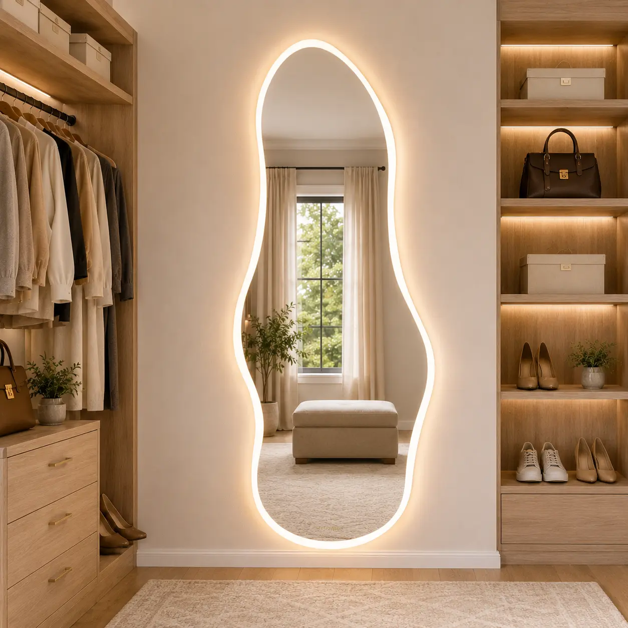 65" x 25" Irregular LED Full Length Mirror, Wall Mounted Asymmetrical Lighted Body Mirror with 3 Color Temperatures, Stepless Dimming, Touch Control and Tempered Glass for Bedroom, Closet, Dressing Room and Entryway