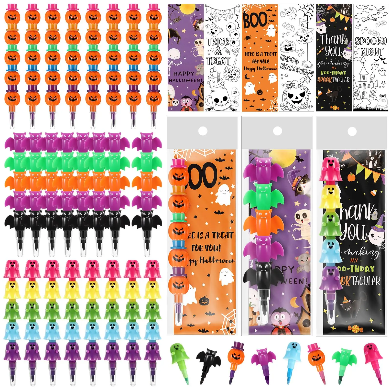 12/24/48Pcs Halloween Stackable Crayons Set - Colorful Bat/Pumpkin/Ghost Designs with Drawable Cards, Non-Candy Kids Party Favors for Classroom Halloween Ideas, Multiple Sets Available Party Gifts