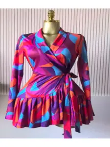 PULKRITU Women's Tie-Dye Print Flare Long Sleeve Dress, V-Neck Bow Hem, Fall Winter Wear, Elegant Vacation Party Birthday Dress, Ballerina Dress