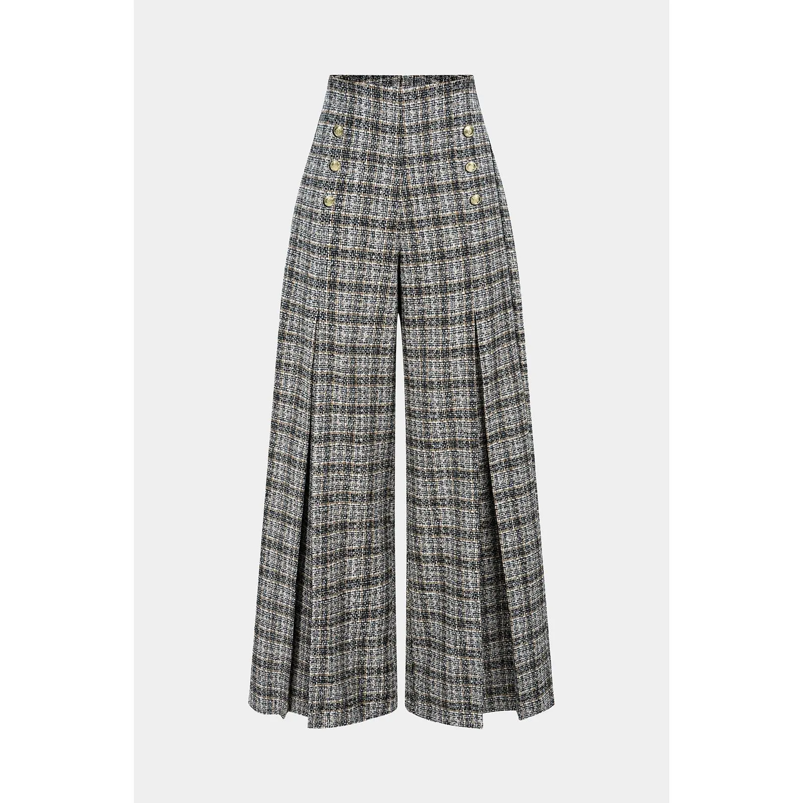 Plaid Tweed Pants for Women, High Waist Double Breasted Loose Fit Business Casual Bottoms for Office Work, Polyester, Loose Fit Pants, Fashion Pants