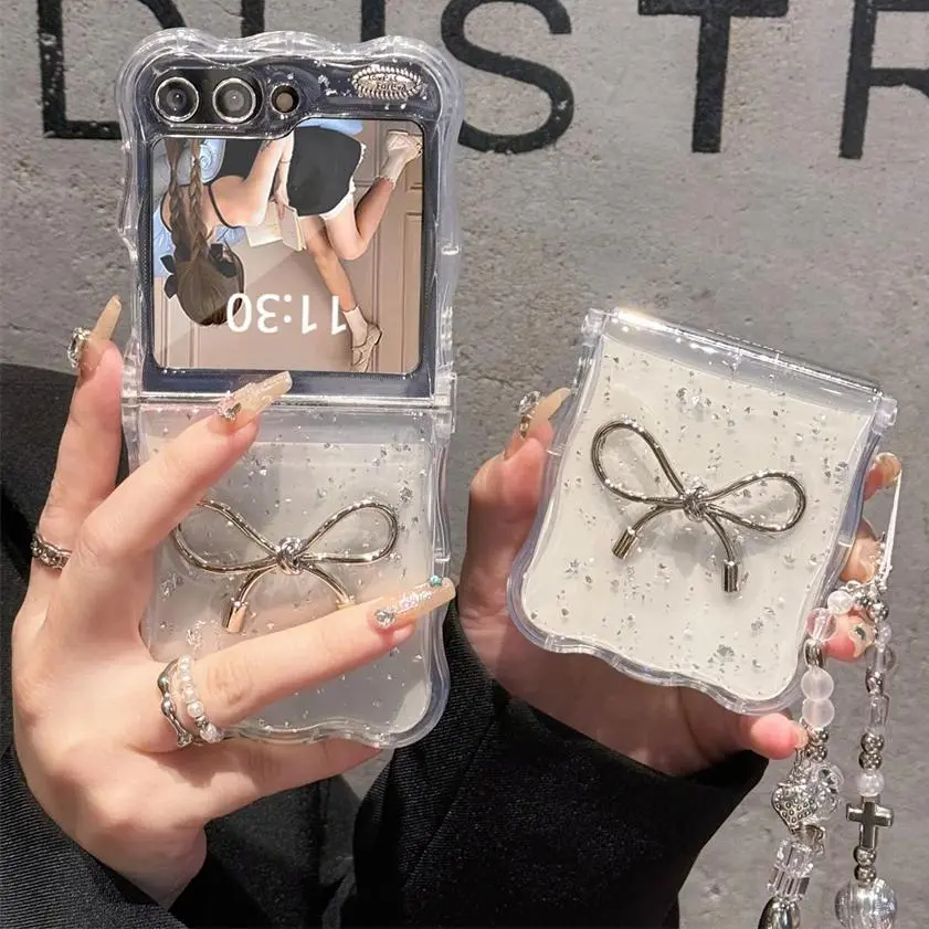 Korean 3D Bowknot Glitter Phone Case For Samsung Galaxy Flip 7/6 Girl Clear Cover Silver Foil Epoxy Shell For Z Flip5 Flip 4/3