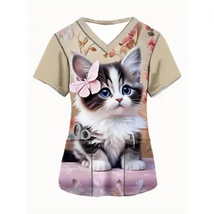 Casual nurse uniform top, V-neck design, short-sleeved style, durable and comfortable, an ideal choice for nursing professionals, cute cat print GARMENTARY
