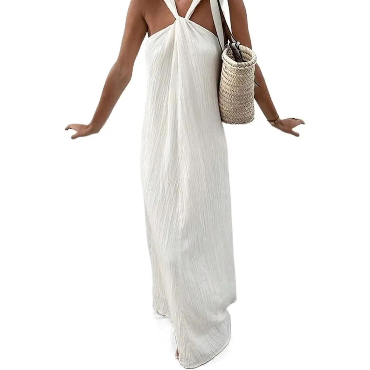 Women's 1-Shoulder Sleeveless Crinkled Fabric Twist Front Pleated Casual Long Dress - Breathable Lightweight for Beach, Party, Day Summer Wear
