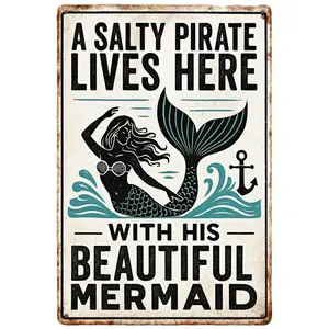Vintage Nautical Mermaid Wall Art Sign for Home Cafe or Garage Decor with Pirate Theme and Rustic Iron Finish