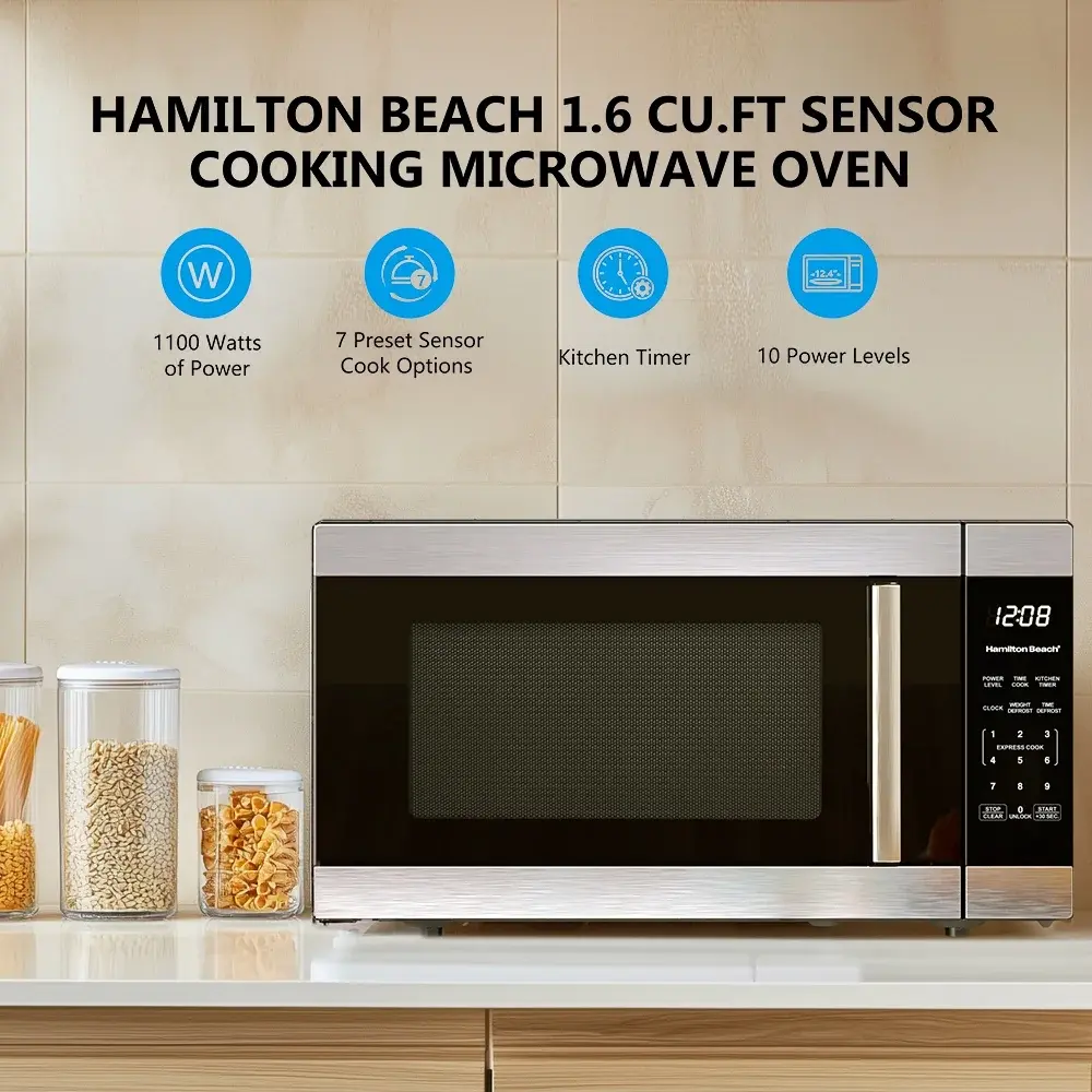 Hamilton Beach 1.6 Cu ft Sensor Cook Countertop Microwave Oven in Stainless Steel with 1100 Watts Power 7 Preset Options & 10 Levels New