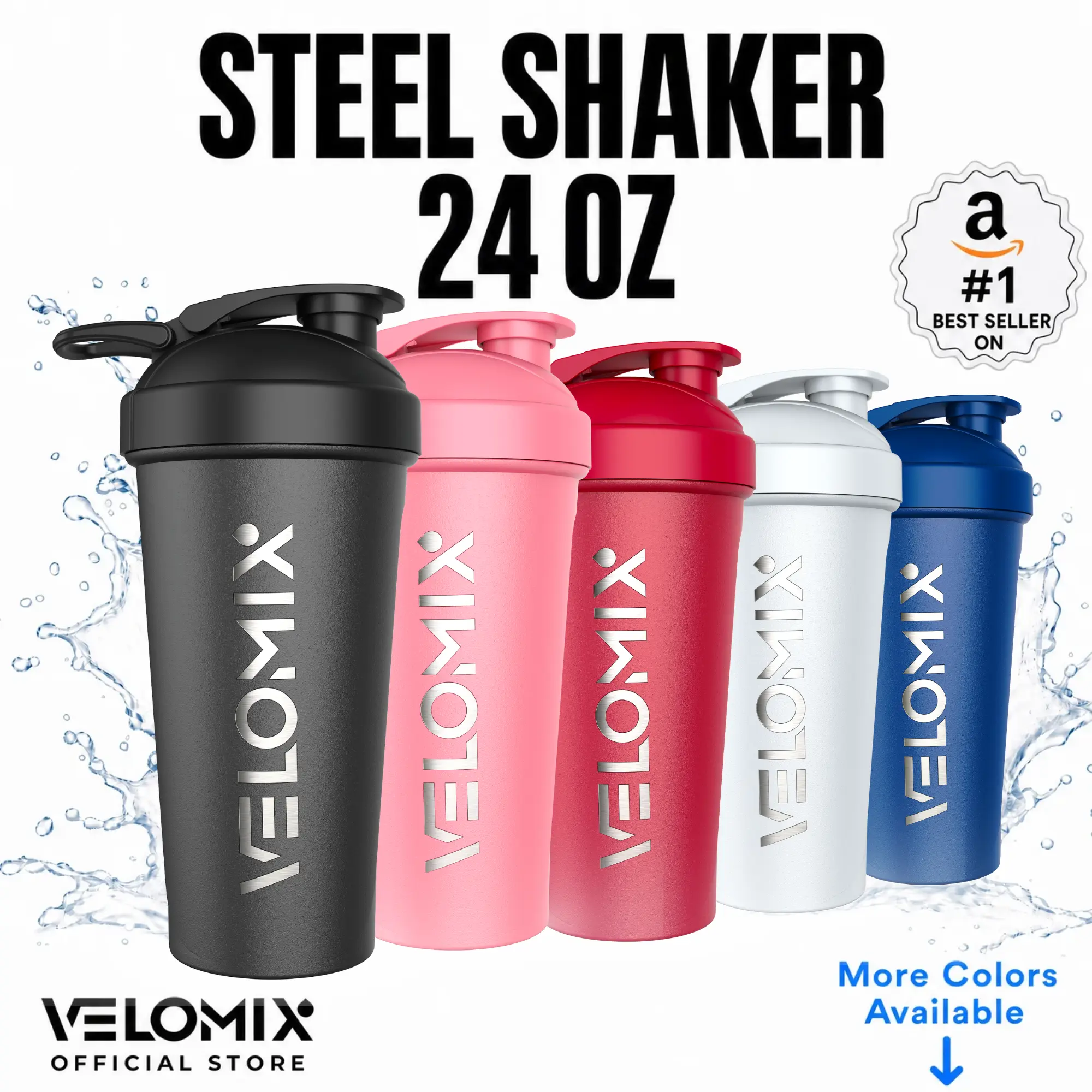 VELOMIX 24oz Stainless Steel Insulated Shaker Bottle - Wire Whisk, Wide Mouth Lid, Leakproof Seal, Clump-Free, Odor-Resistant for Fitness Hydration, Outdoor Sports, Insulation