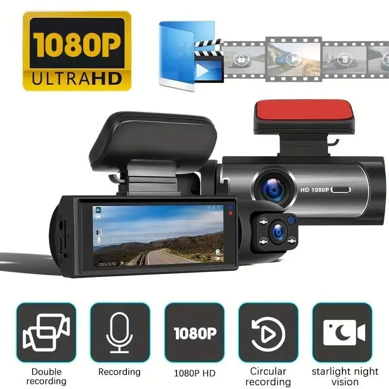 Whatook 1080P Dual Camera Dash Cam - IR Night Vision, Wide Angle Lens, Loop Recording, 3.16 Inch IPS Screen, Parking Mode, 32GB TF Card rear camera