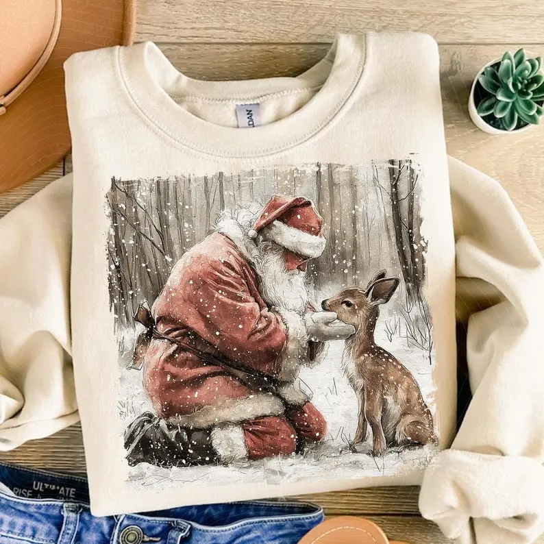 Vintage Santa Claus Christmas Sweatshirt, Retro Santa and Reindeer Graphic Tee, Funny Xmas Holiday T-Shirt, Nostalgic Christmas Apparel, Festive Gift