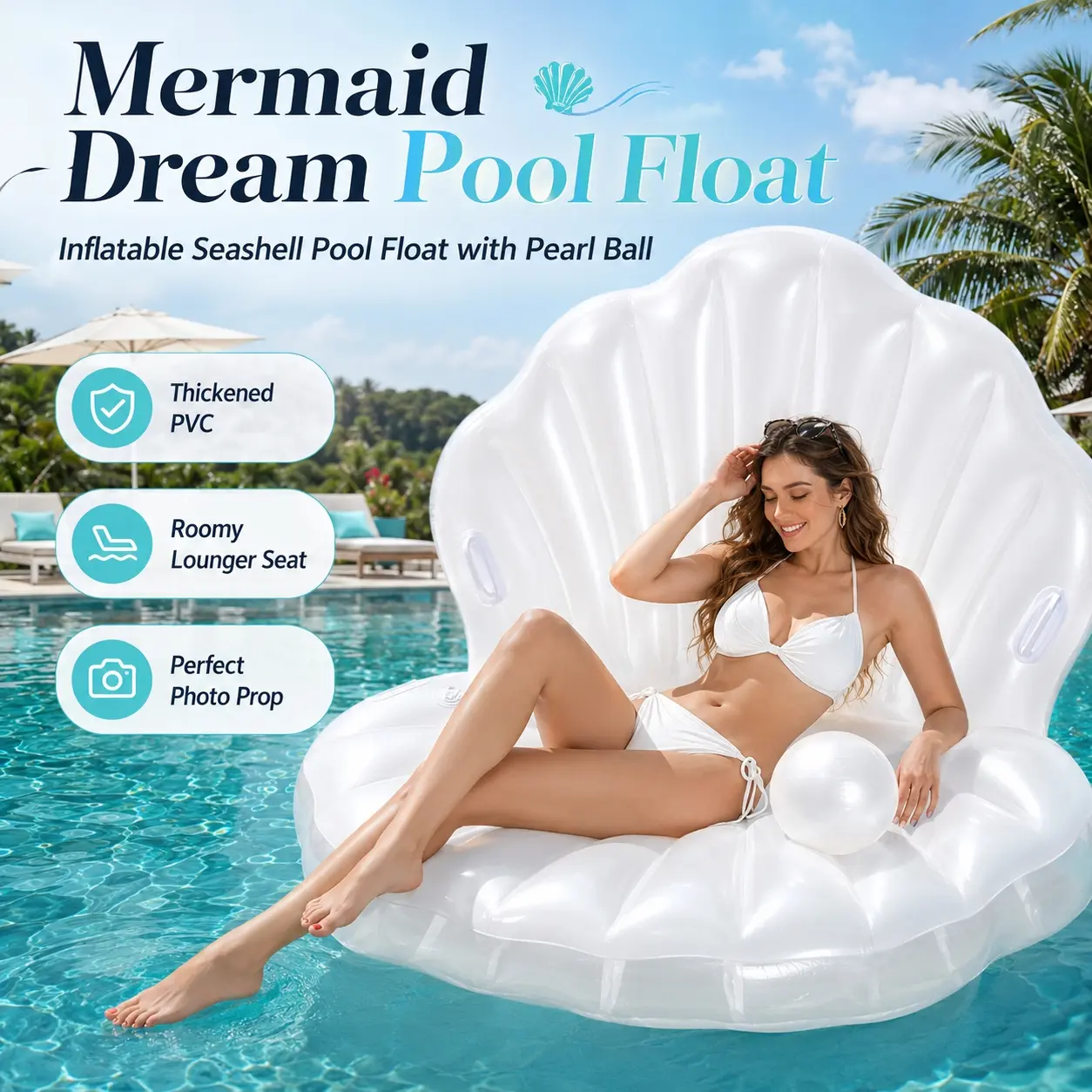 Inflatable Seashell Pool Float with Pearl Ball, Giant Clam Shell Pool Lounger Chair, PVC Blow Up Ride-On Floating Raft, 160x130cm/63x51in, Mermaid Photo Prop for Adults, Kids, Beach, Pool & Summer Party, Pool Floaties