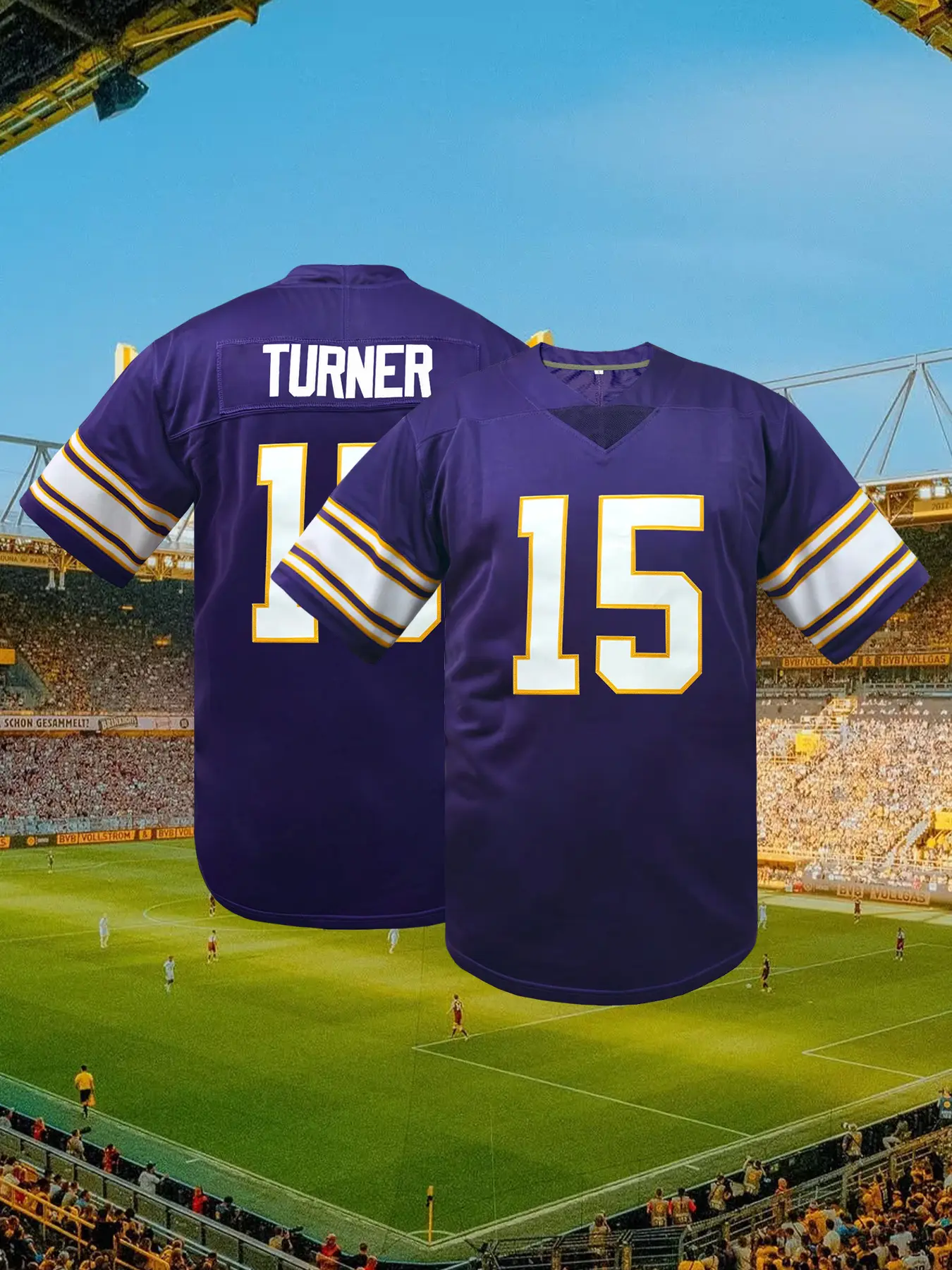 Men's Minnesota Football Jersey #15 Purple Embroidered Sports T-Shirt, Athletic Training Apparel, Fitness Training Short-Sleeved Shirt V Neck Loose-Fit Breathable, Casual Letter Stitched, Unisex Outdoor Sports & Training Wear, Athletic Top