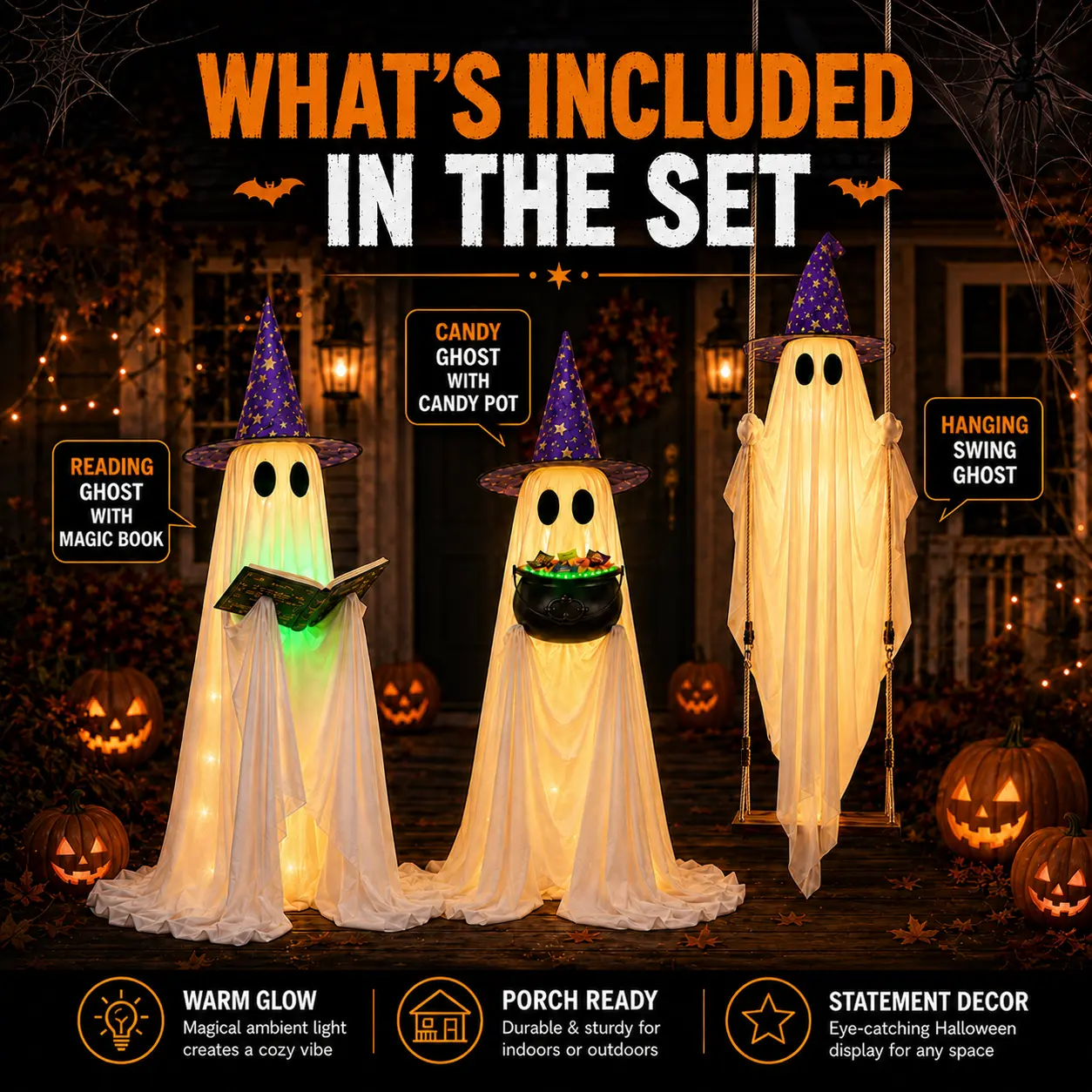 13FT Lighted Hanging Ghost Swing Halloween Outdoor Decor, Large Glowing Ghost with 2 Witch Hats, 3 Bats, Remote Control, 8 Light Modes, Adjustable Rope for Porch, Yd, Tree Party Decorations