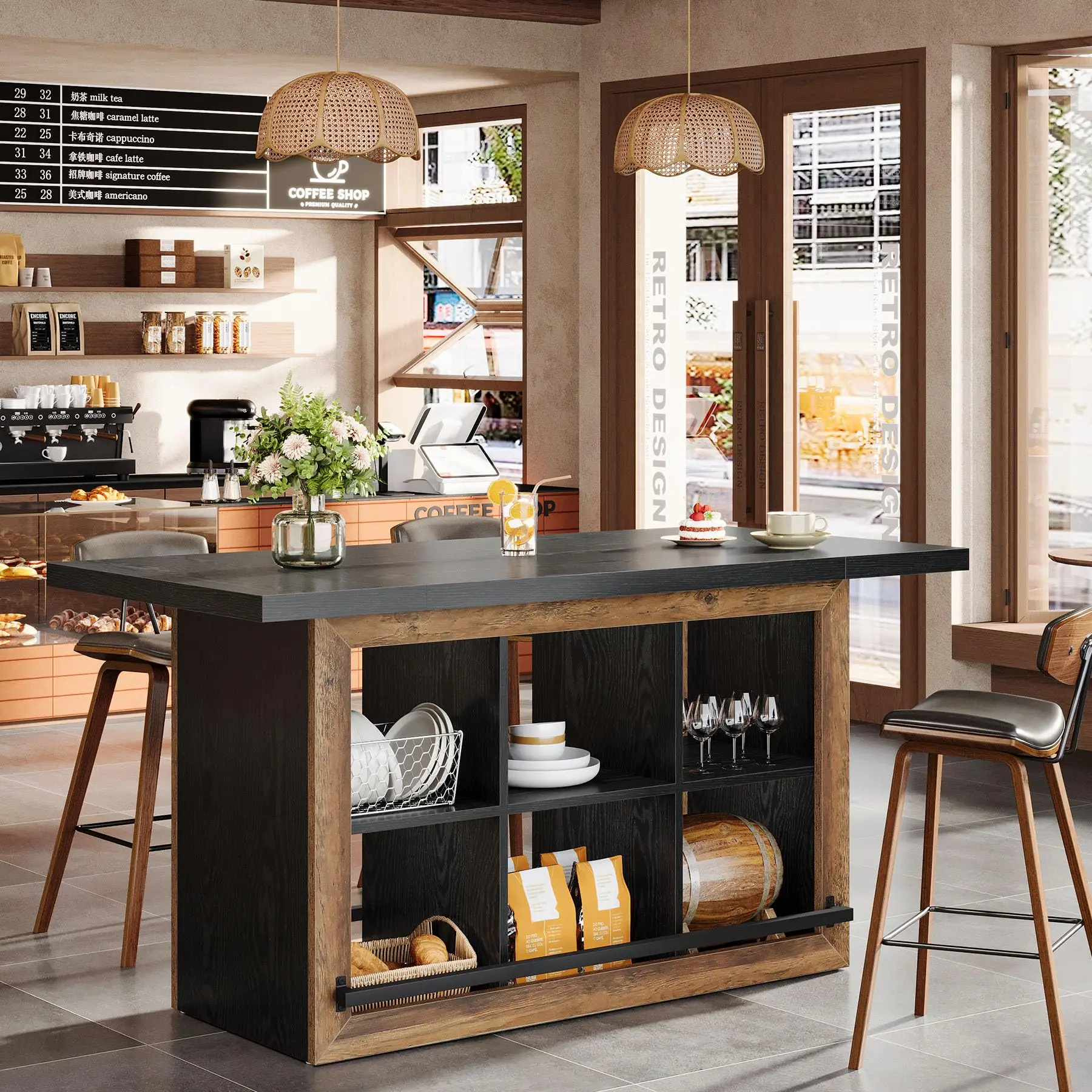 Tribesigns 62.6" Bar Table Brown & Black, Home Bar Unit with 6 Cubbies & Metal Footrests, Counter Height Table for Kitchen & Dining