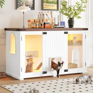 47.25" Large Cat Litter Box Enclosure with LED Light, Hidden Litter Box Furniture, Cat House with Stairs and Cat Scratching Post, Cat Cabinet Side Table with Smart Doors for Living Room, White