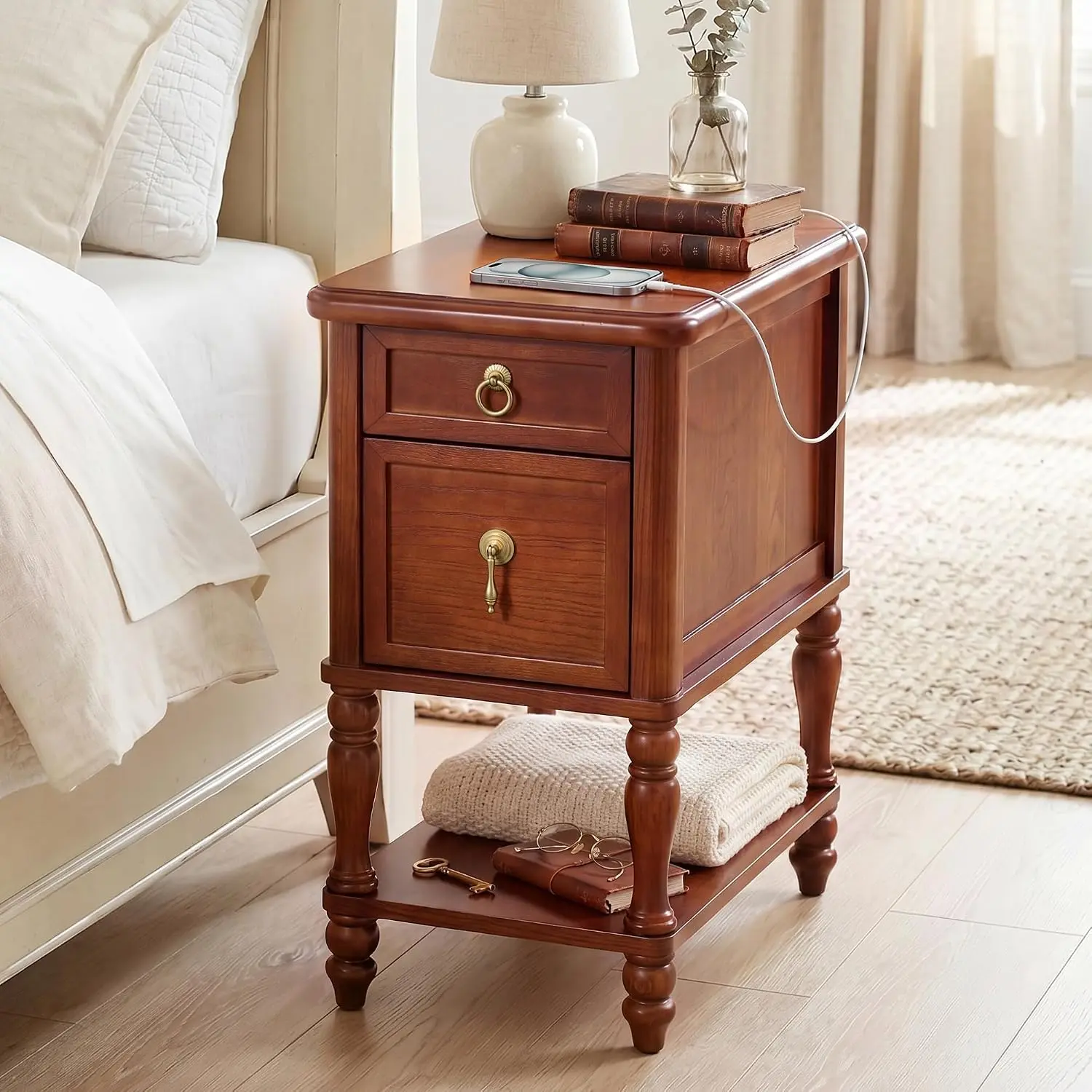 Solid Wood Nightstand w/Charging Station & 2 Drawers,Pre-Assembled, Mid Century Narrow Bedside Table w/Oppen Shelf, Vintage End Table w/Antique-Finished Pulls, Spindle Legs for Bedroom, Brown