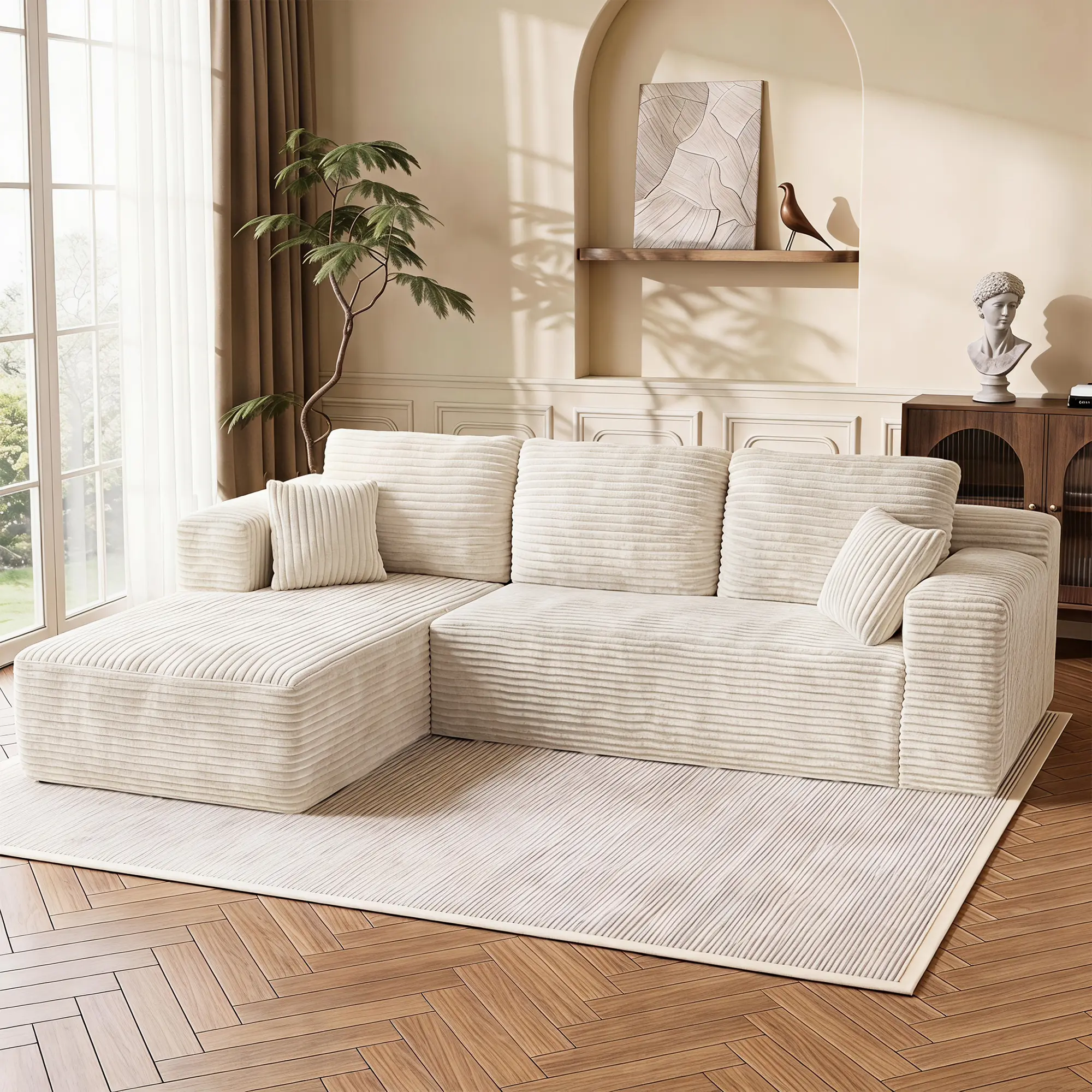 106 Inch Modular L-Shaped Corduroy Sectional Sofa with Chaise Lounge, Moderate Deep Seat Couch, No Assembly Required, Suitable for Small Apartments and Living Rooms, Beige