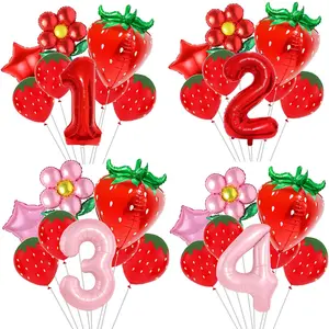 9pcs Strawberry Balloons Kits Birthday Decorations for Girls 32inch 0-9 Number Balloons for Strawberry Birthday Party Decors