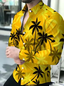 Summer Yellow Palm Tree Print Long Sleeve Shirt