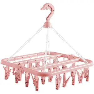 Clothes Drying Hanger with 32 Clips and Drip Foldable Hanging Rack (Light Pink)