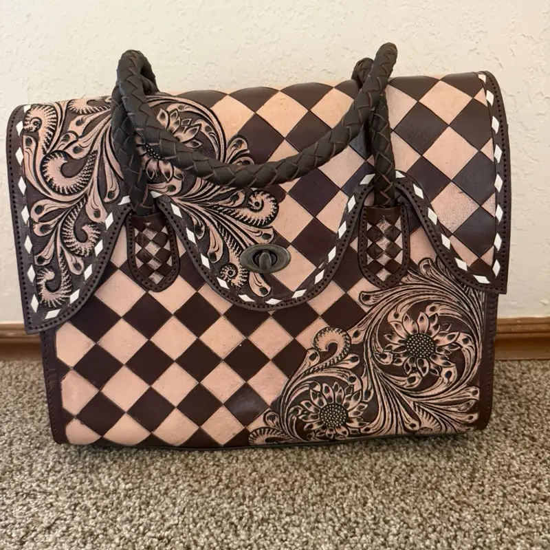 Brown Checkered Tote Bag with Floral Design and Braided Handles
