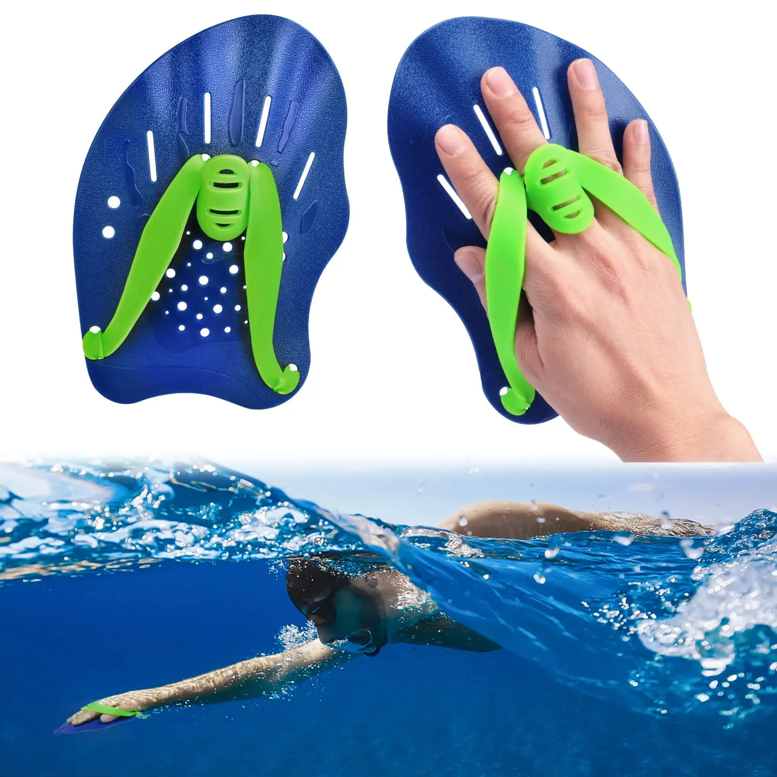 1 Pair Swimming Training Hand Paddles, Adjustable Strap Swim Fins Style Water Resistance Gloves, Lightweight Palm Webbed Paddle for Freestyle Stroke Correction, Arm Strength Workout, Lap Pool Training, Adult Youth Beginners & Pro Swimmers