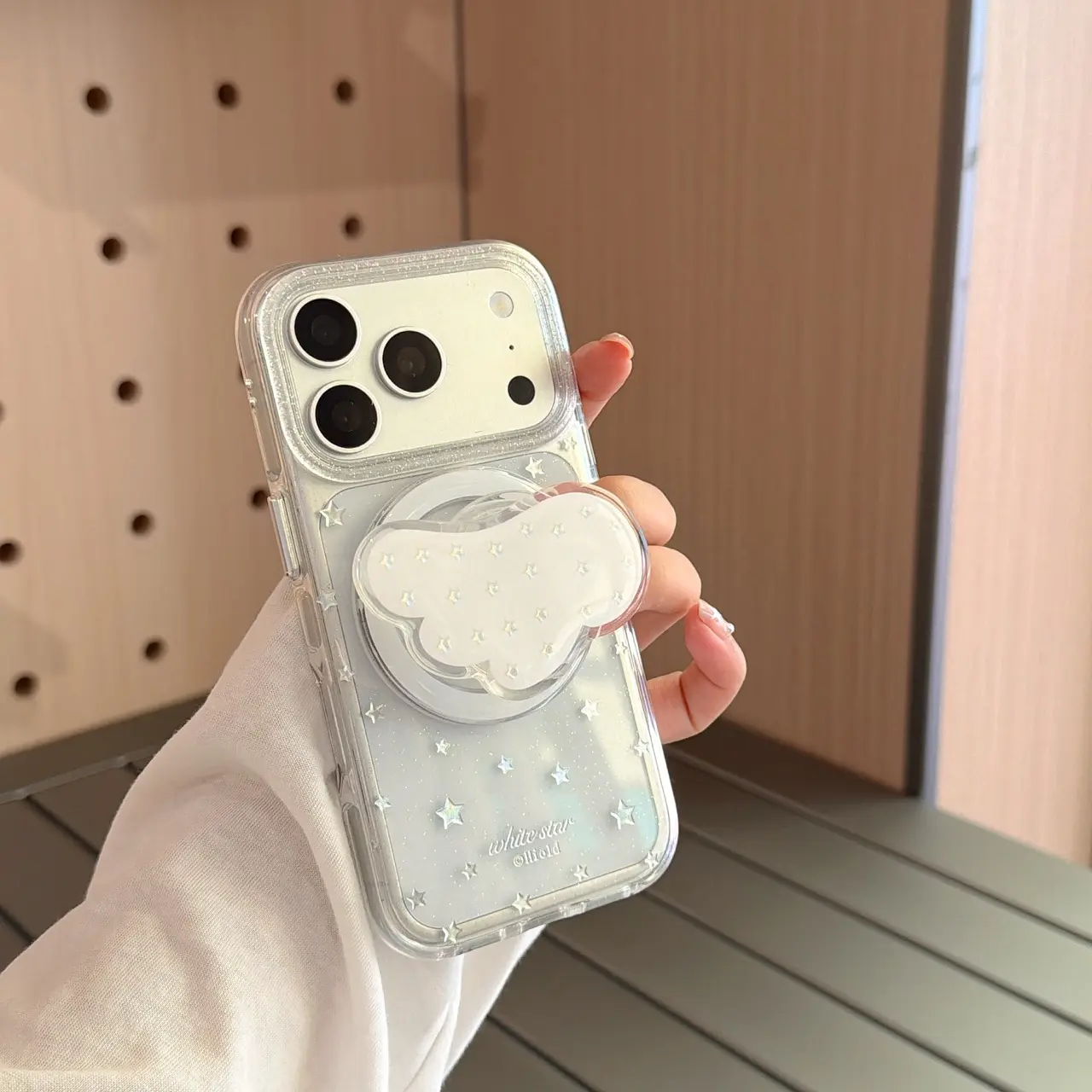 Luxury Silver Star Wing Double IMD Plastic Smartphone Case, Gold-Edge Shine, Shockproof Transparent Base, Magnetic Holder, Multi-Model Fit for iPhone 13-18 Series Pro Max Mobile Accessory