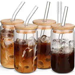 DWTS DANWEITESI 4pcs 16oz Glass Cups with Bamboo Lids & Straws Coffee Glasses Drinkware Set for Home Kitchen Essentials & Daily Use