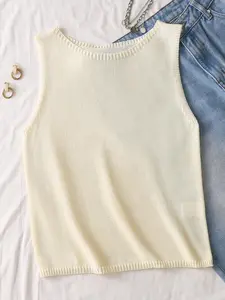 Women's Solid Knit Sweater Vest, Casual Plain Sleeveless Round Neck Knitwear for Daily Wear, Ladies Clothes for All Seasons, Clothes for Women, Tops
