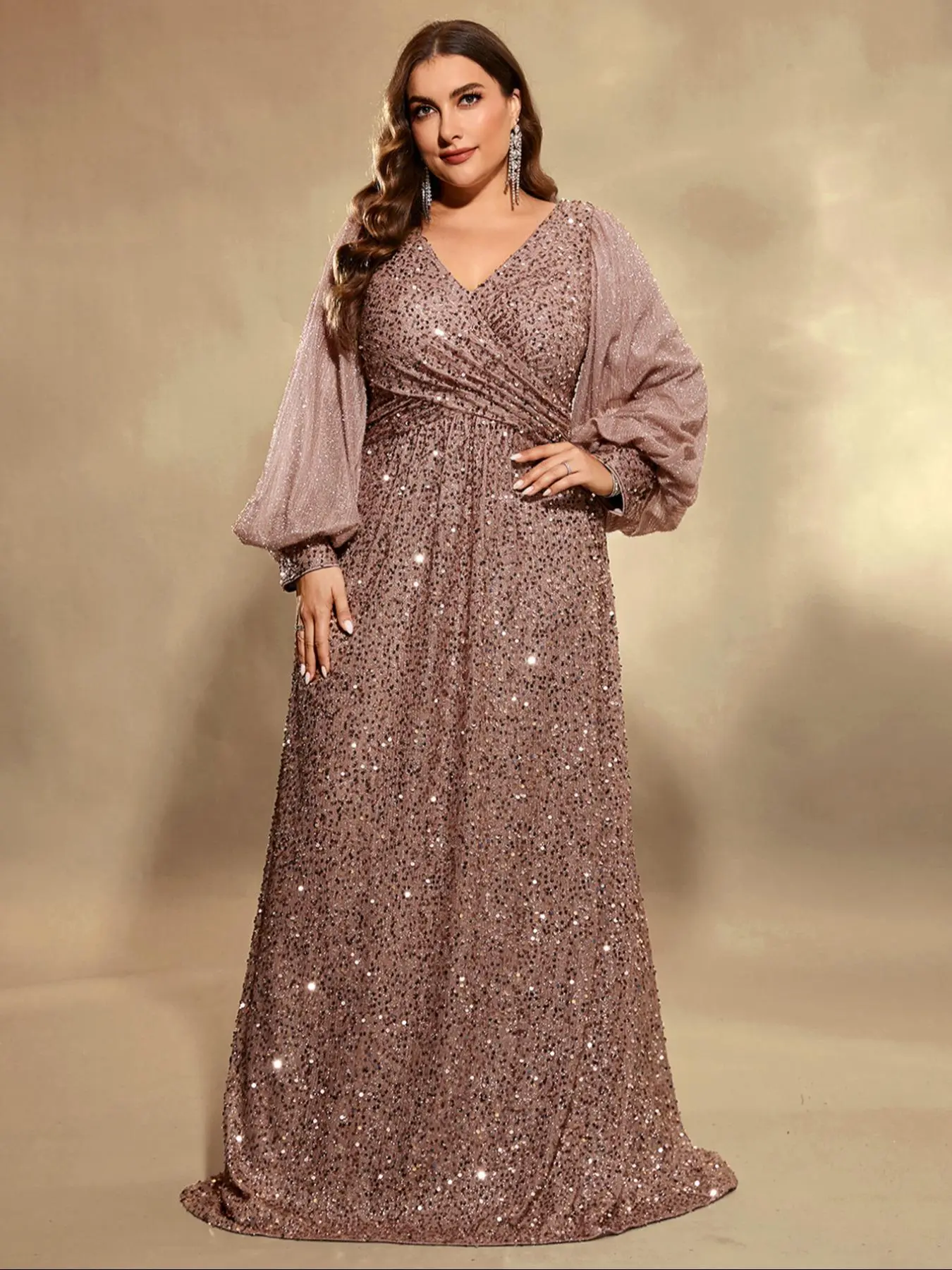 Plus Size Criss Cross Ruched Lantern Sleeve Sequins Formal Maxi Evening Dress, Draped Sequin Dress, Elegant V Neck Long Sleeve Fitted A Line Dress for Party & Banquet, Elegance, Women's Plus Clothing for Spring & Fall, Womenswear, Embellished Glam Gown