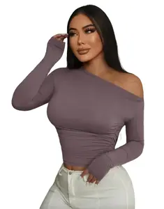 SHEIN women's casual open shoulder assymetrical long sleeve ruched crop Slim-fitting Plain tee