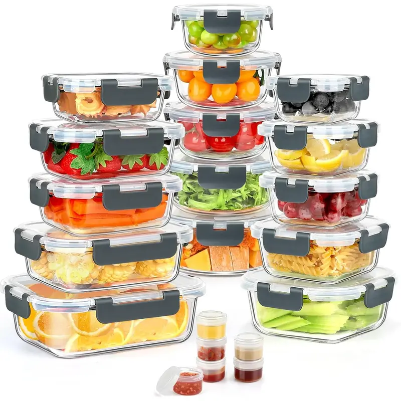 42 count Glass Storage Containers with Set, 21 Containers & 21 Glass Meal Prep Containers with Snap Locking Lid Set, Leak Proof Lunch Container ,Grey