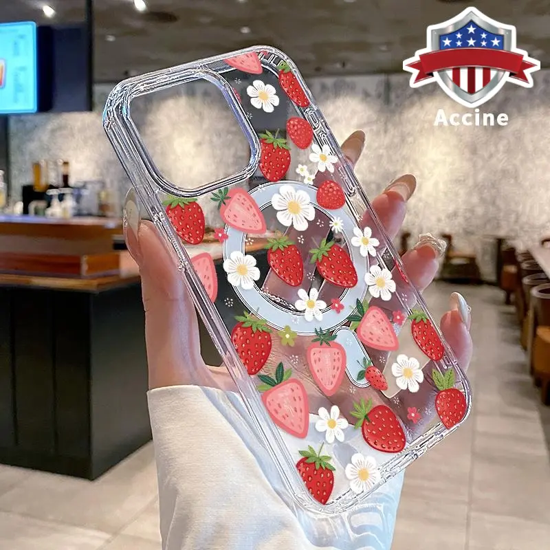 Strawberry Daisy Pattern Magnetic Phone Case, Wireless Charging Compatible, Shockproof Non-Slip Protector for iPhone 15-16,14 Pro Max,13-12-11-XR-XS-Plus-E, Silicone Transparent Acrylic Large-Hole Casing Accessories, Smartphone