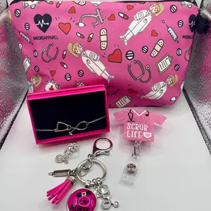 Pink Nurse Jewelry Set - 5 Piece Gift Collection with Pink Tassel Keychain, Scrub Life ID Badge, Silver Bracelet & Pink Stethoscope Brooch Pin