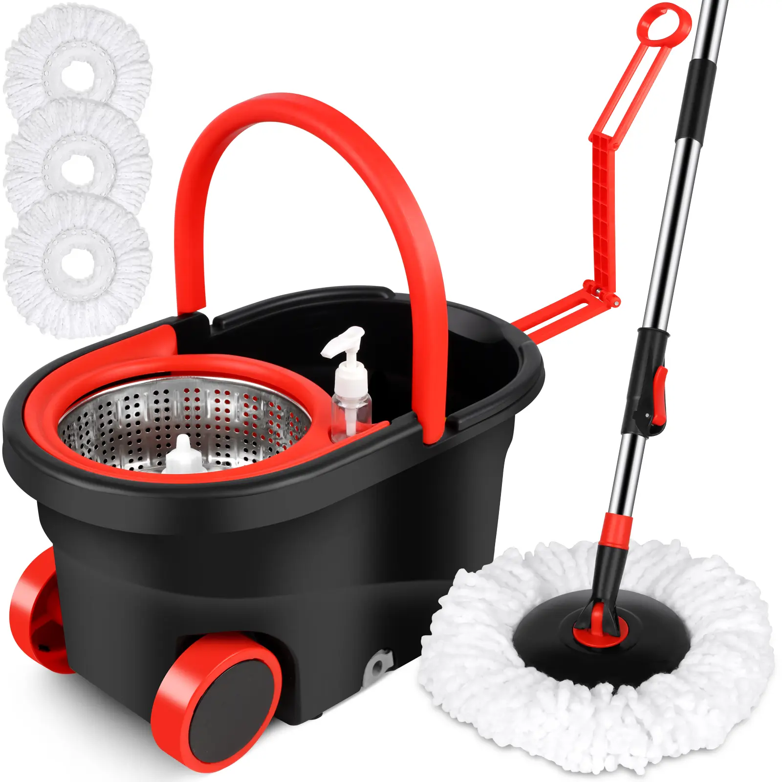 •Multi-Function Spin Mop for Home Use (with Telescopic Handle + Silent Wheels) – Includes 3 Microfiber Mop Heads and a 38–61-inch Telescopic Handle