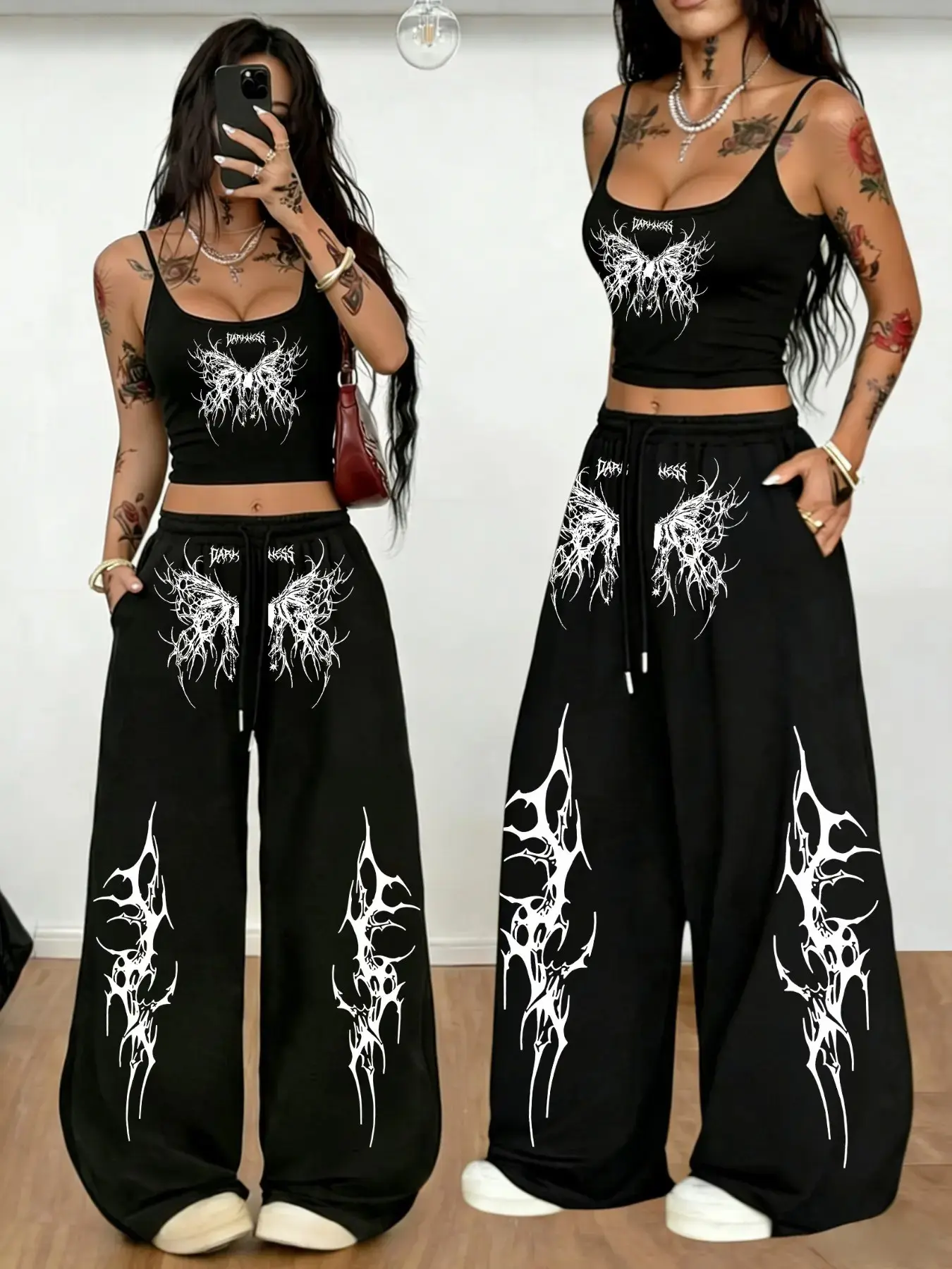 Summer New Dark Punk Style Set, Butterfly Print Halter Top + Wide Leg Baggy Sweatpants Two-Piece, Casual Loose-Fitting Oversized Suit