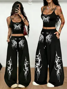 Summer New Dark Punk Style Set, Butterfly Print Halter Top + Wide Leg Baggy Sweatpants Two-Piece, Casual Loose-Fitting Suit