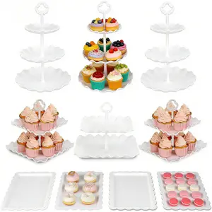 10pcs Dessert Table Display Set, 3 pieces of 3-tier wavy cupcake stands, 3 pieces of 2-tier wavy fruit stands& 4pcs Cookie Serving Trays for Wedding, Tea Party, Birthday, Baby Shower