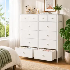 [Dealsforyoudays】Raybee 12 White Tall Drawer Dresser for Bedroom,  Large Capacity Chest of Drawer Organizer Storage Cabinet with Metal Frame & Wood Top, Modern Fabric Storage Organizer for Closet Living Room, Entryway, Clothes, Dorm Room, Apartment