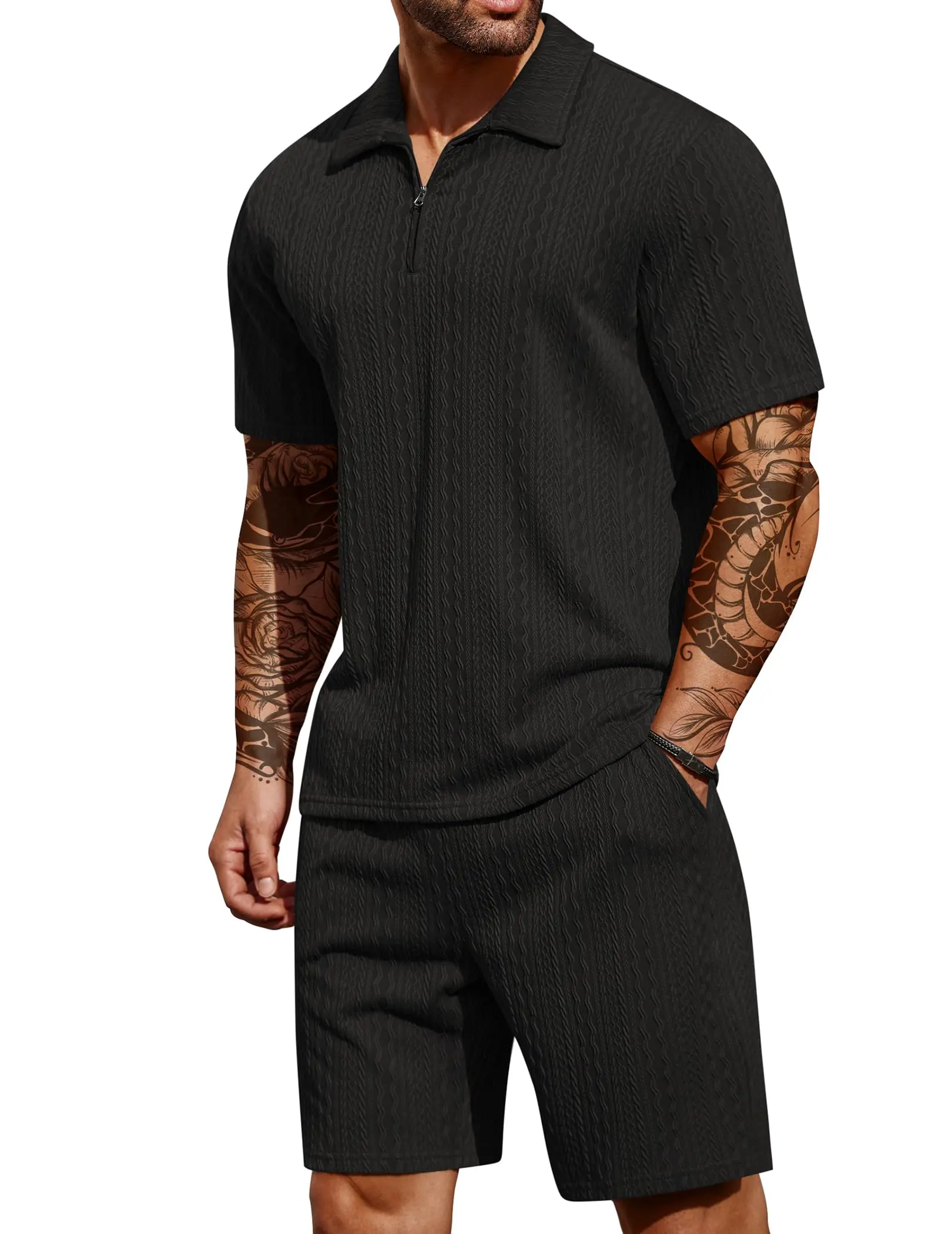 COOFANDY Men's 2 Pieces Outfits Casual Quarter Zip Polo Shirt and Shorts Set Athletic Jogging Summer Tracksuit