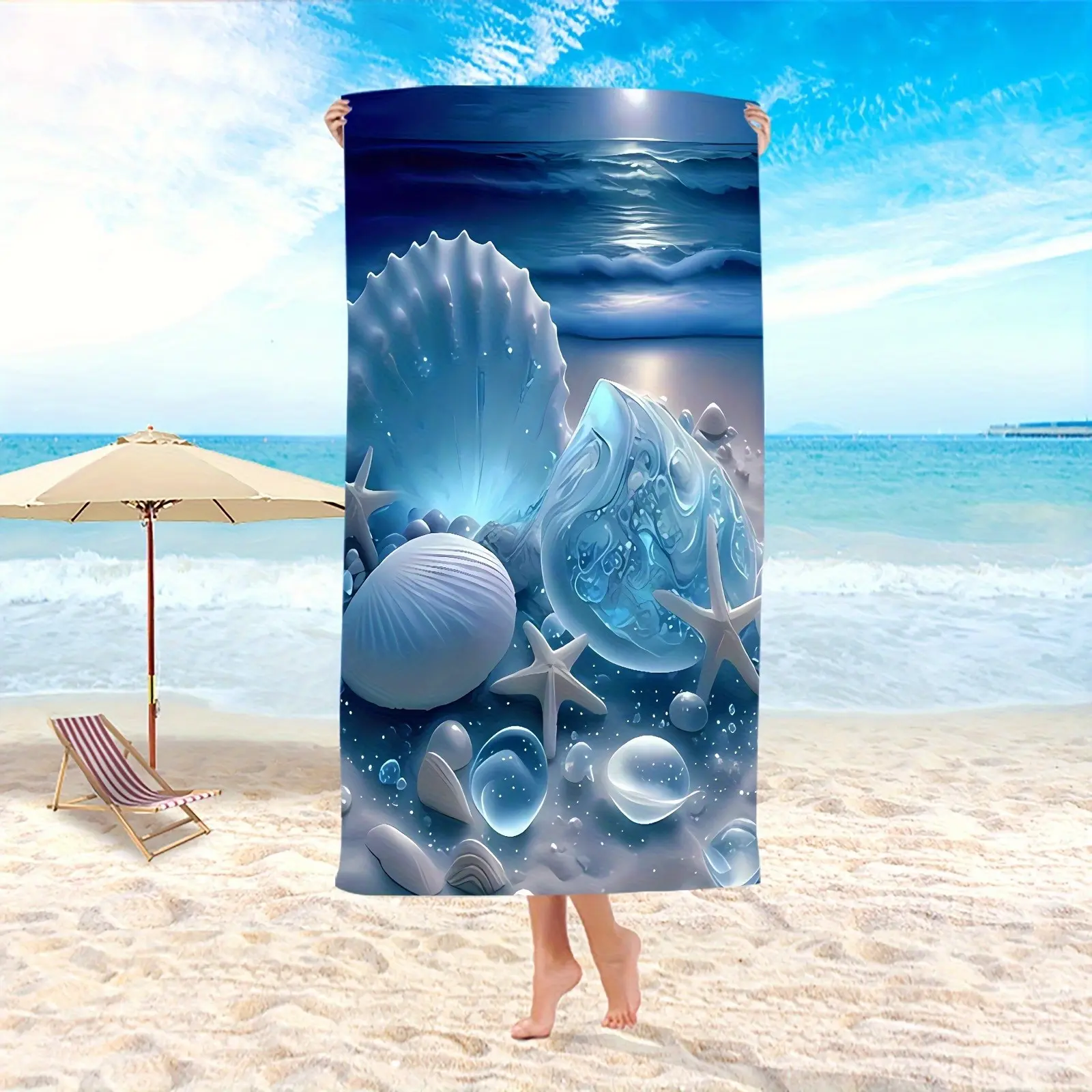 Large Size Ocean Print Beach Towel - 1-Pack, Quick-Drying, Breathable, Sand-Resistant, Sun-Protective, Lightweight for Surfing, Swimming