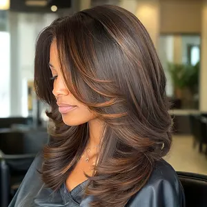 [Elegant Hair] Highlight Brown Layered Wig Straight Wear and Go Synthetic Wig High Quality Glueless Wigs for Women Heat Resistant Fiber Daily Use Women's Day